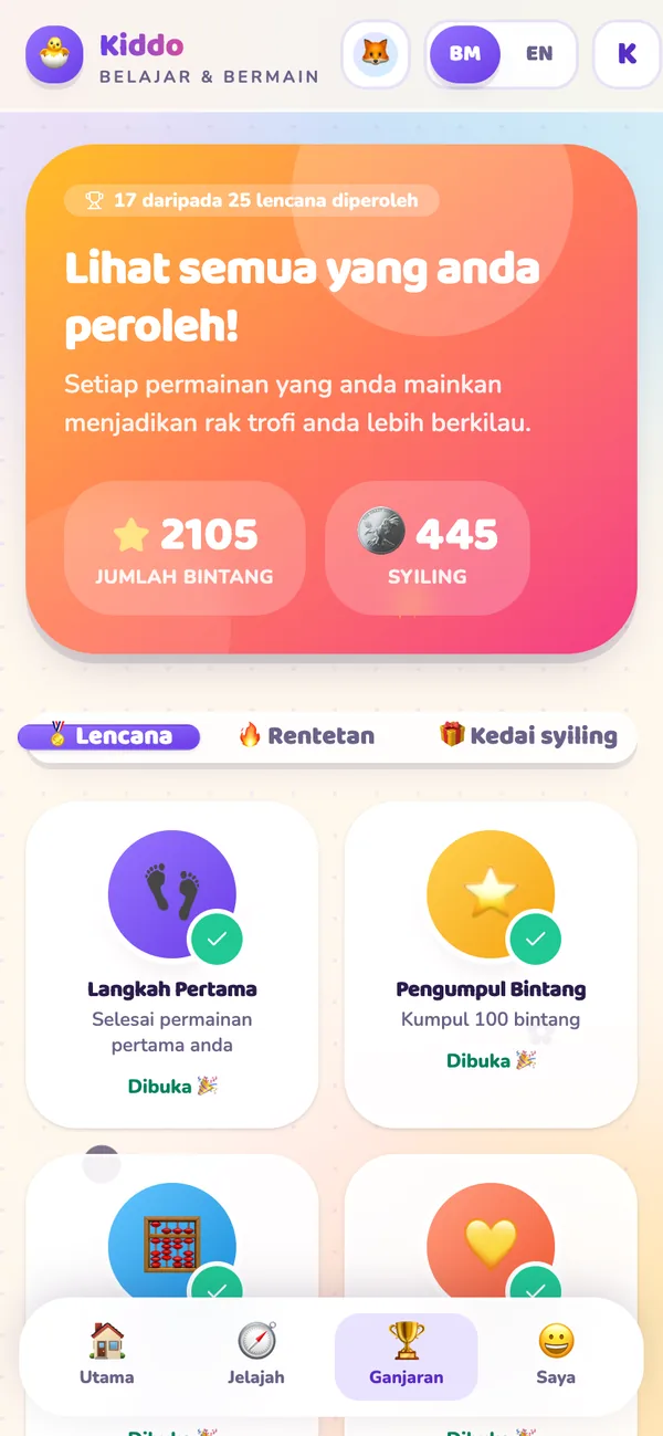Rak lencana yang menunjukkan lencana yang telah dibuka