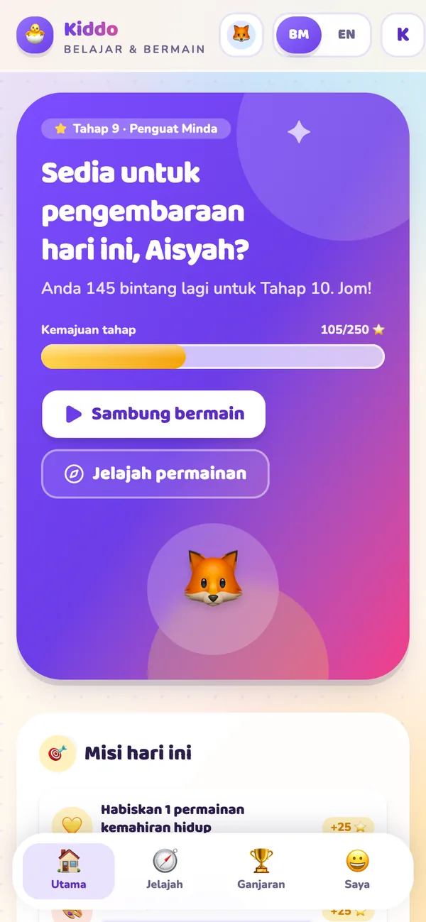 Skrin utama Kiddo dengan tahap anak, bar kemajuan dan misi hari ini