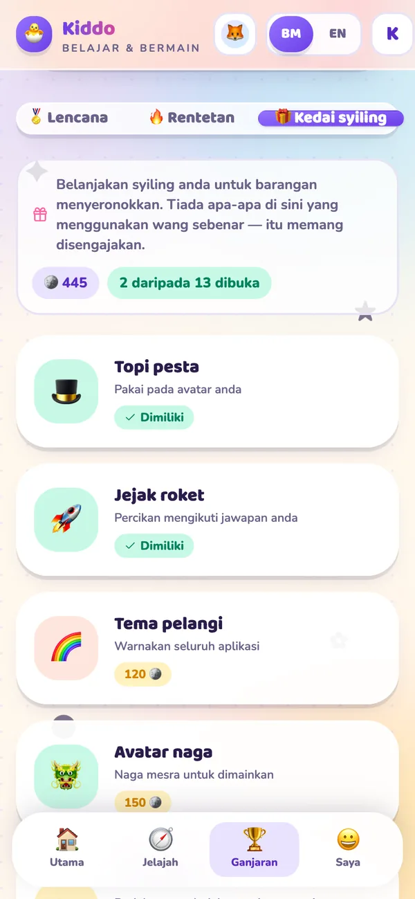 Kedai syiling yang menyenaraikan ganjaran untuk dibuka dengan syiling
